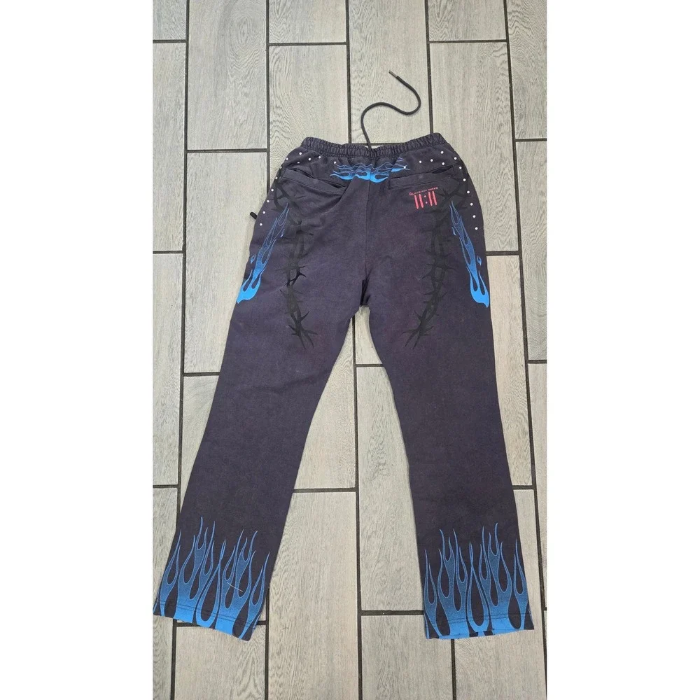 Gunzinii Denim & Co Blue Flame Barbed Wire Sweatpants Black Y2K Streetwear -M